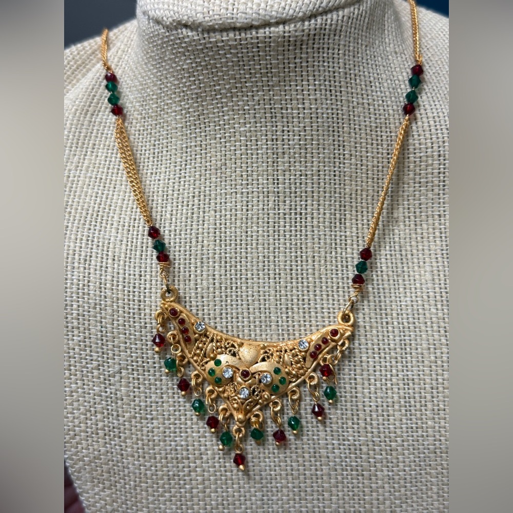 Vintage gold plated multicolor, rhinestones, Necklace 18” long with pendant